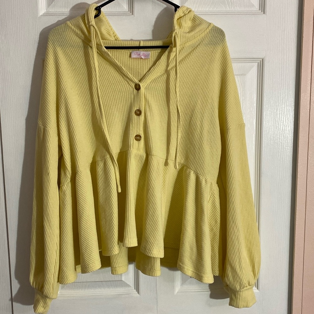 Yellow Waffle Knit Peplum Hooded Pullover
